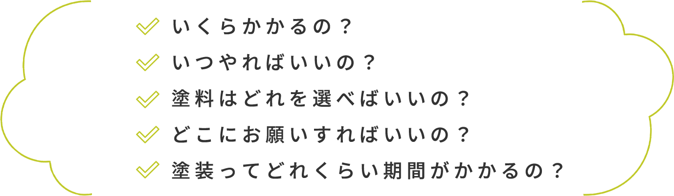 いくらかかるの？ いつやればいいの？ 塗料はどれを選べばいいの？ どこにお願いすればいいの？ 塗装ってどれくらい期間がかかるの？